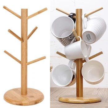 

6 Hooks Wood Cup Holder Rack Wine Glass Holder Coffee Mug Storage Kitchen Storage Rack Drainer Shelf Organizer