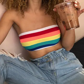 

New Summer Women Rainbow Sexy Off-shoulder Tube Crop Tops Strapless Bra