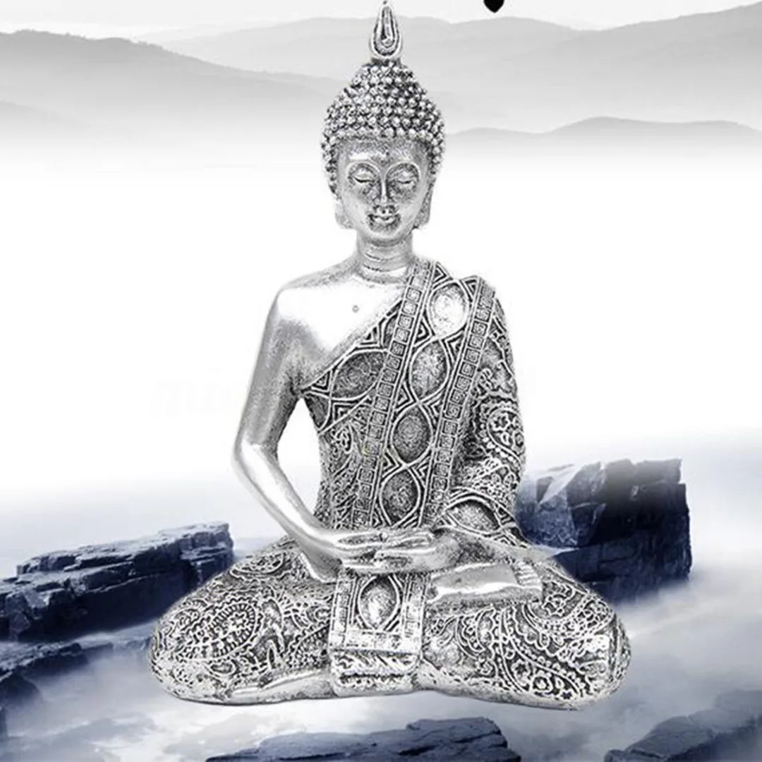 

Silver Thai Buddha Statue Sculpture Meditating Antique Home Ornament Feng Shui