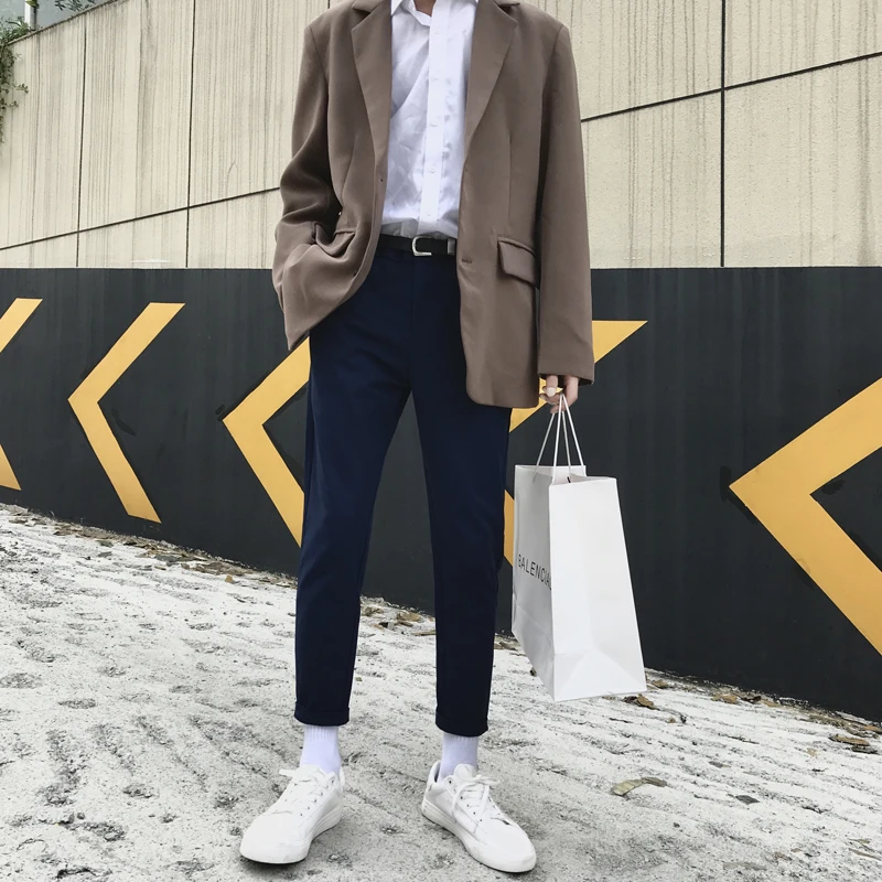 Men's Trousers 19 Spring New Youth Popular Wild Solid Color Casual Pants Nine Points Slim Trousers Student Casual Men's Clothing