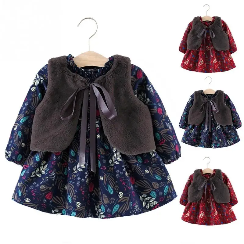 

Cute Little Baby Girl Dress Printing Warm Winter Long Sleeve Cotton Dress with Warm Vest Girl Clothes Casual Dresses Kids