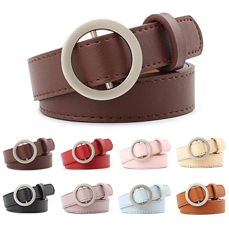 

Trendy Circle Pin Buckles Belt for women vintage girls pants off white navy pu leather belt fashion women's clothing accessories