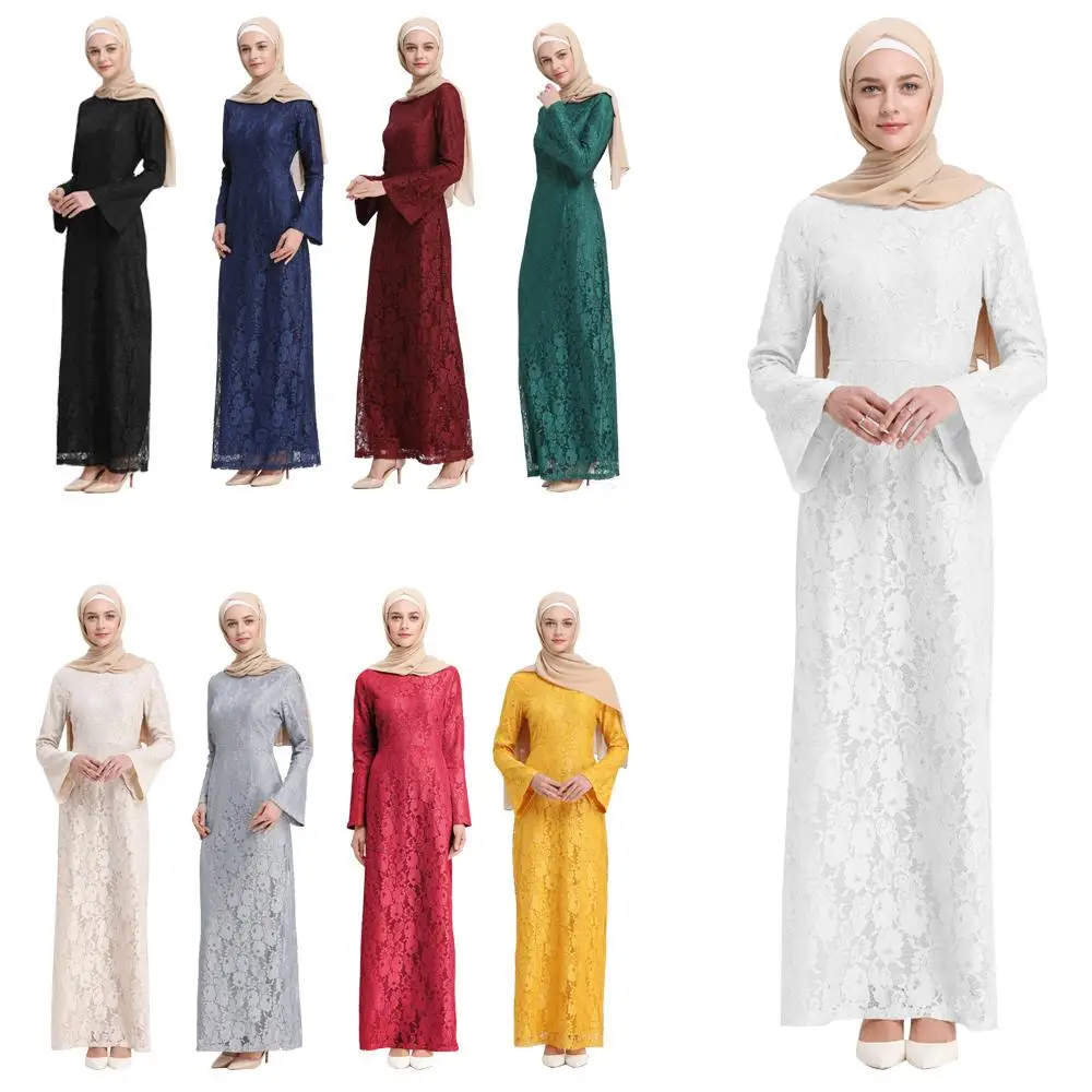 Элегантный мусульманский кружево abaya Макси платье с расклешенными рукавами