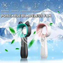Портативный USB перезаряжаемые открытый мультфильм Bladeless вентилятор мини ручной с база основа стоя на стол 3 скорость