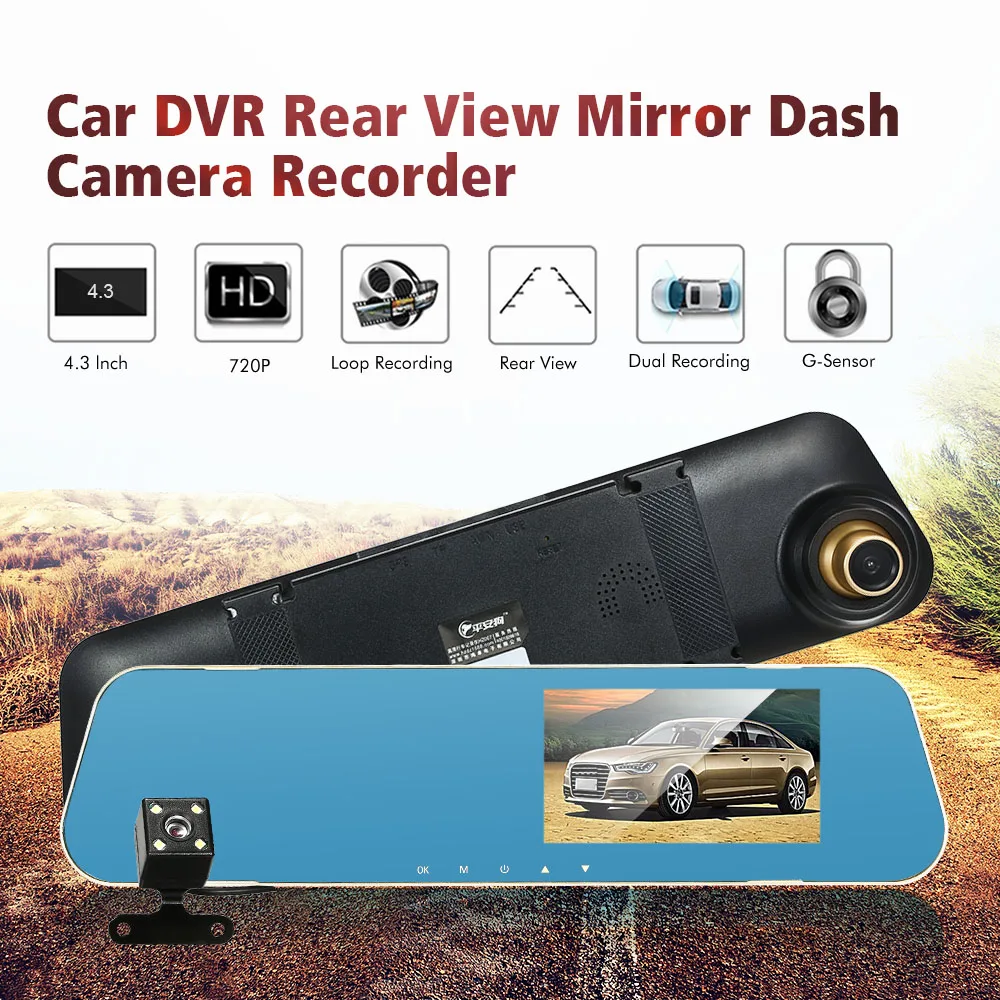 Car DVR Dash Cam Camera 4.3'' HD Vehicle Driving Front & Rearview Mirror Car DVR with Loop Recording G-Sensor Motion Detection