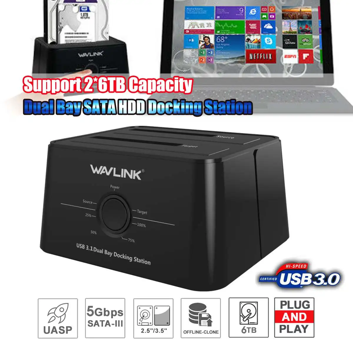 

Wavlink Wl-ST334U USB 3.0 dual HDD Docking Station Dual Bay External Hard Drive Enclosure For 2*8 TB HDD SSD CASE
