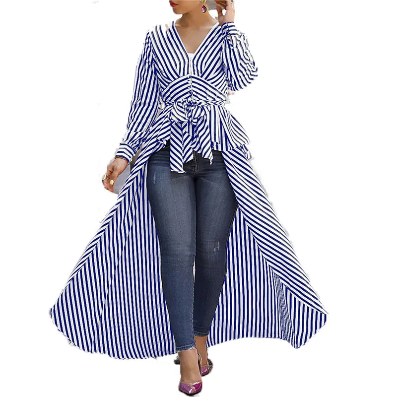 

Trendy Women clothes Long Sleeve pullover Bandage shirts V-neck striped Casual Polyester Blouse one pieces