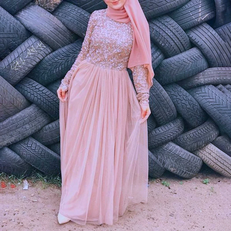 

2019 Modest Muslim Women Dress Long Sleeve Evening Party Tulle Prom Maxi Gown