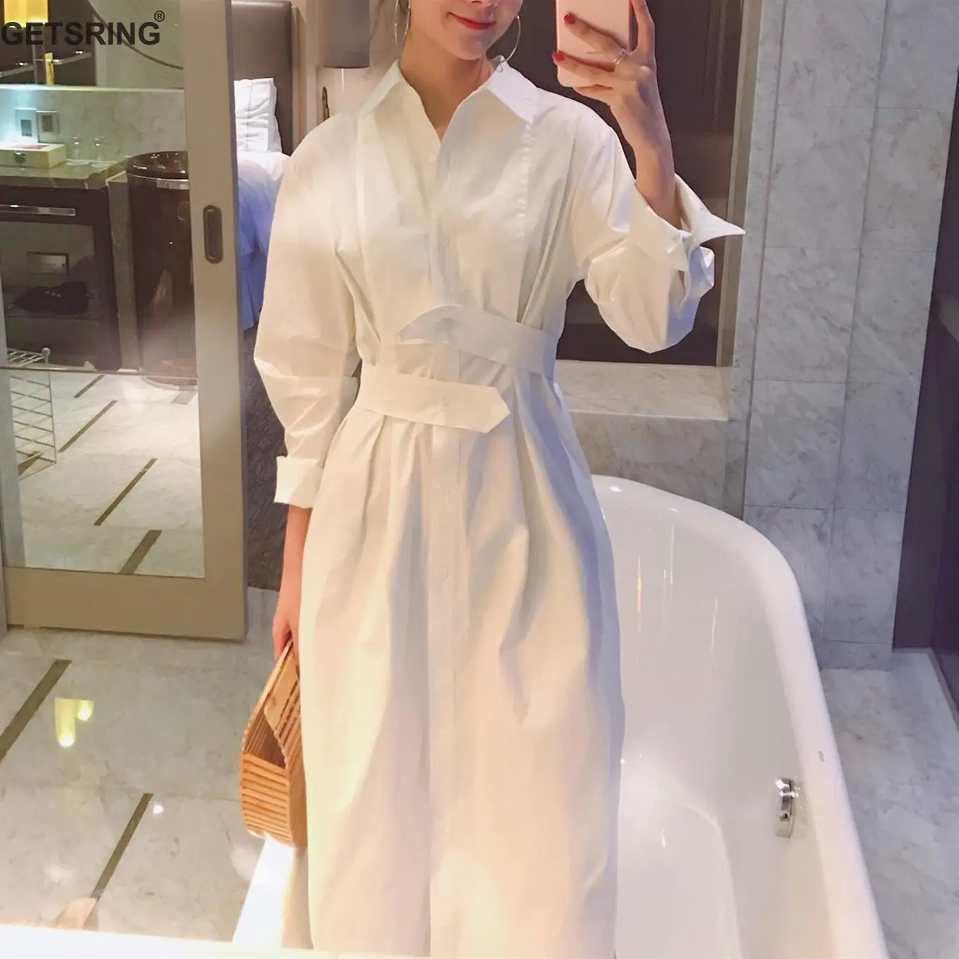 

GetSpring Women Dresses White Dress Cotton Long Sleeves Single Breasted High Waist Long Dress Ladies Shirt Dresses 2018 Summer