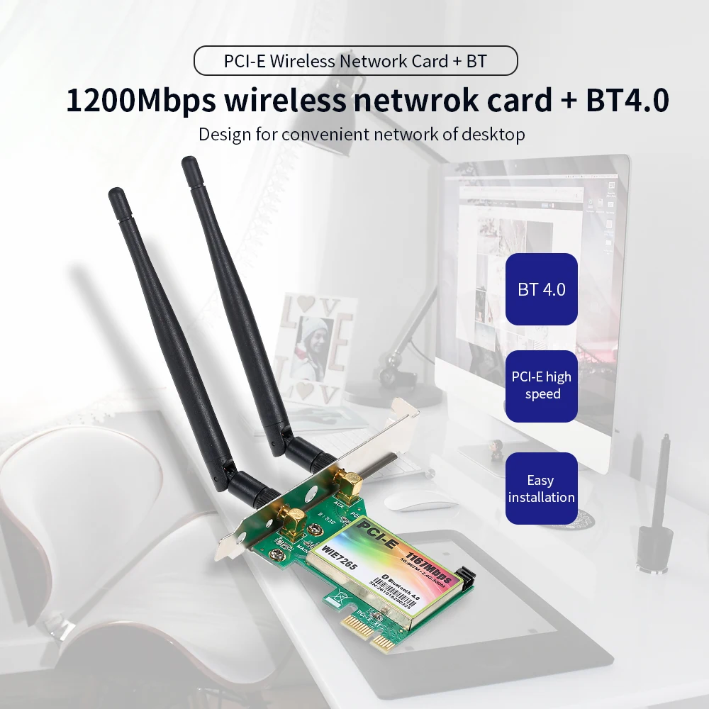 Wi-Fi карты AC 1200 Мбит/с BT4.0 Беспроводной PCIe сетевая карта 5,8 ГГц/2,4 ГГц Dual Band PCI Express сетевой карты