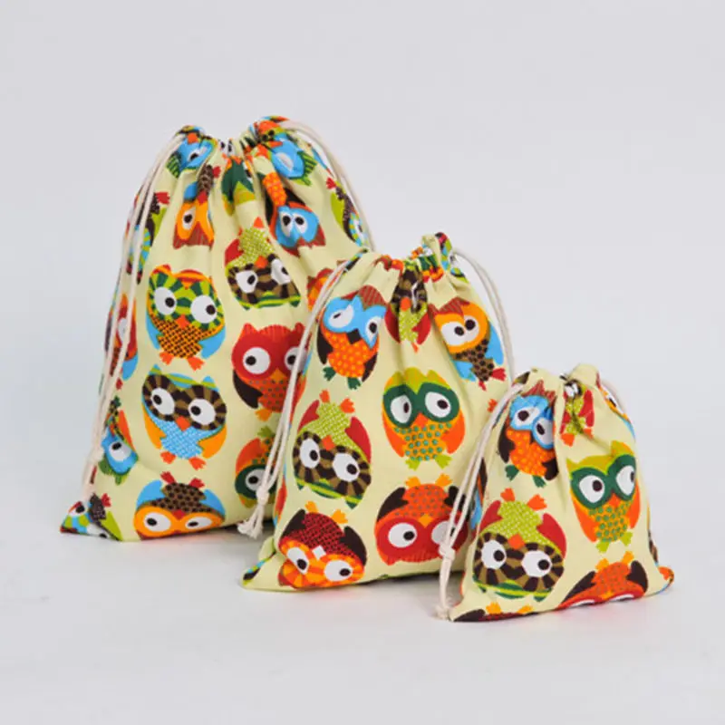 

Cartoon Owl Drawstring Storage Bags Canvas Pouch Gift Candy Tea Jewelry Sundries Organizer Makeup Cosmetic Coins Keys Bags S/M/L
