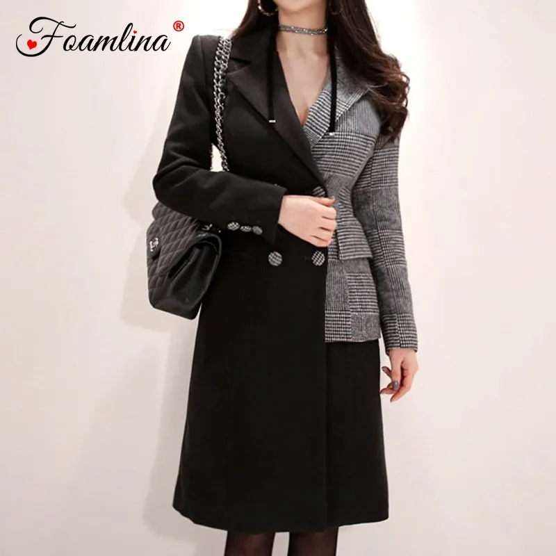 

Foamlina Elegant Women Blazer Dress 2019 New Notched Collar Long Sleeve Plaid Print Patchwork Casual Office Lady OL Work Dress