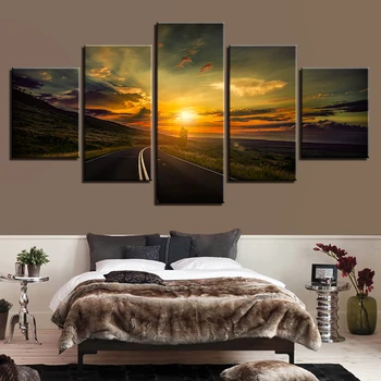 

Modern Printing Frame Modular Canvas Painting Art 5 Pieces Highway Sunset Natural Scenery Poster Decor Living Room Wall Pictures
