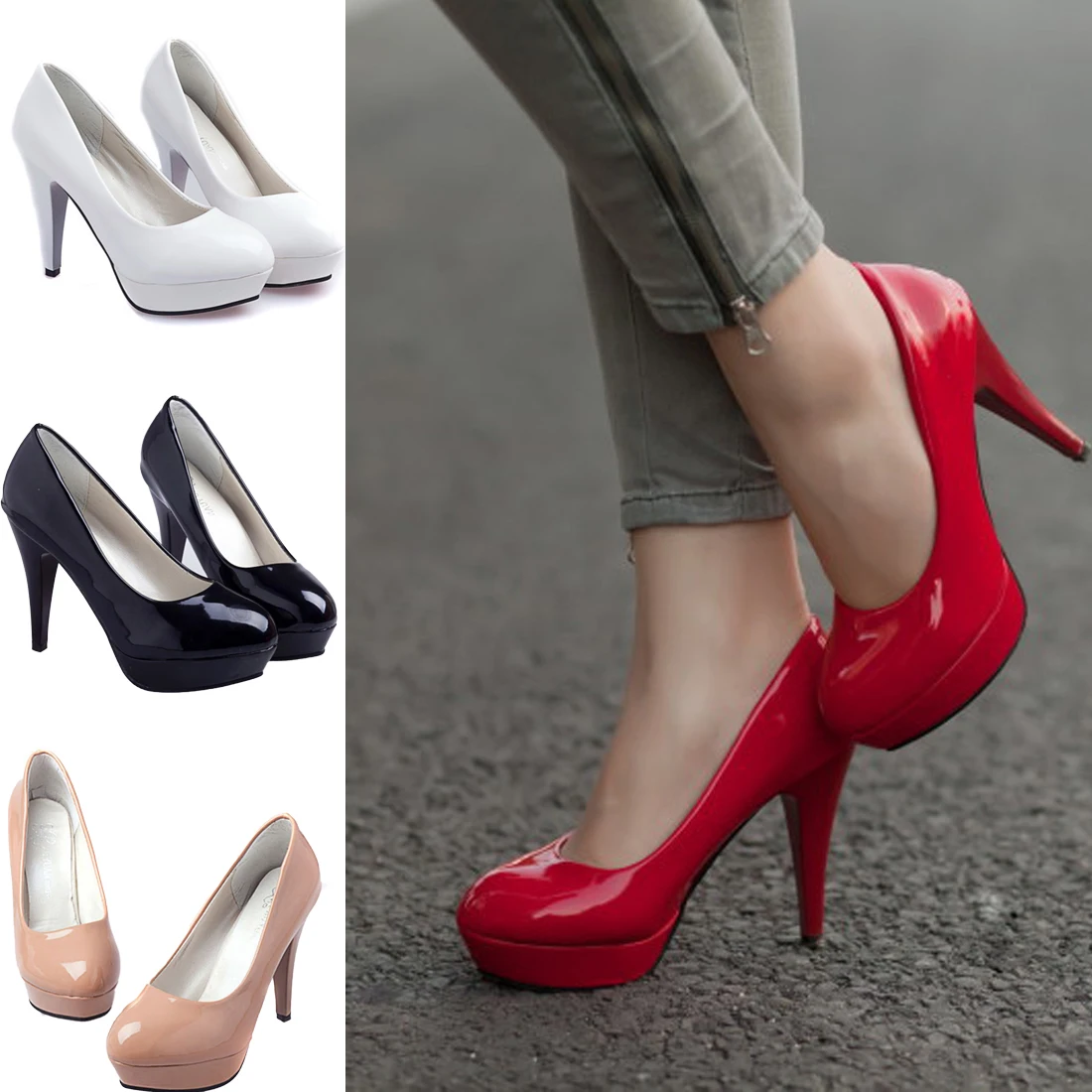 

Pumps Women Shoes Red Pu Leather Slip-On Shallow Wedding Party Pointed Toe High Heels Pump Chaussures Femme