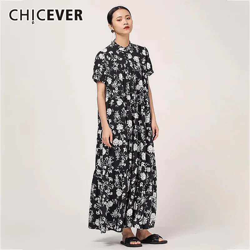 

CHICEVER Summer Sweet Print Dress O Neck Short Sleeve Button Loose Plus Size A-line Pleated Female Ankle Length Dresses 2019 New