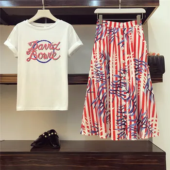 

High Quality Runway Style Women Two Piece Sets Letter Print Short Tshirt Tops and Single-breasted Striped Print Mid Skirt Sets