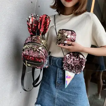 

3pcs/Set Rabbit Ears Sequins Backpack Shining Bling Mini Women Girls Back Bags Fashion Teenage Shoulder School Travel Backpack
