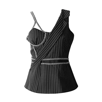 

2019 Spring Summer Women Office Lady Vest Irregular Rhinestone Loose Vest Diamonds Fashion V-Neck Sleeveless Striped Vest