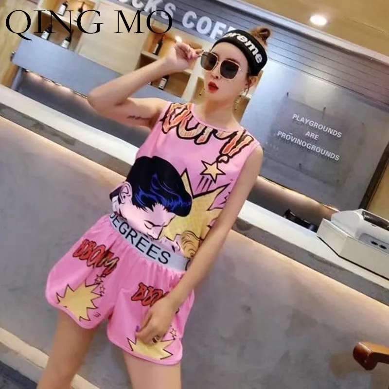 

QING MO 2019 Summer Women Sweet Casual Suits Thin Pink Loose Comfortable Cartoon Printing O-neck Vintage Women Suits QF376