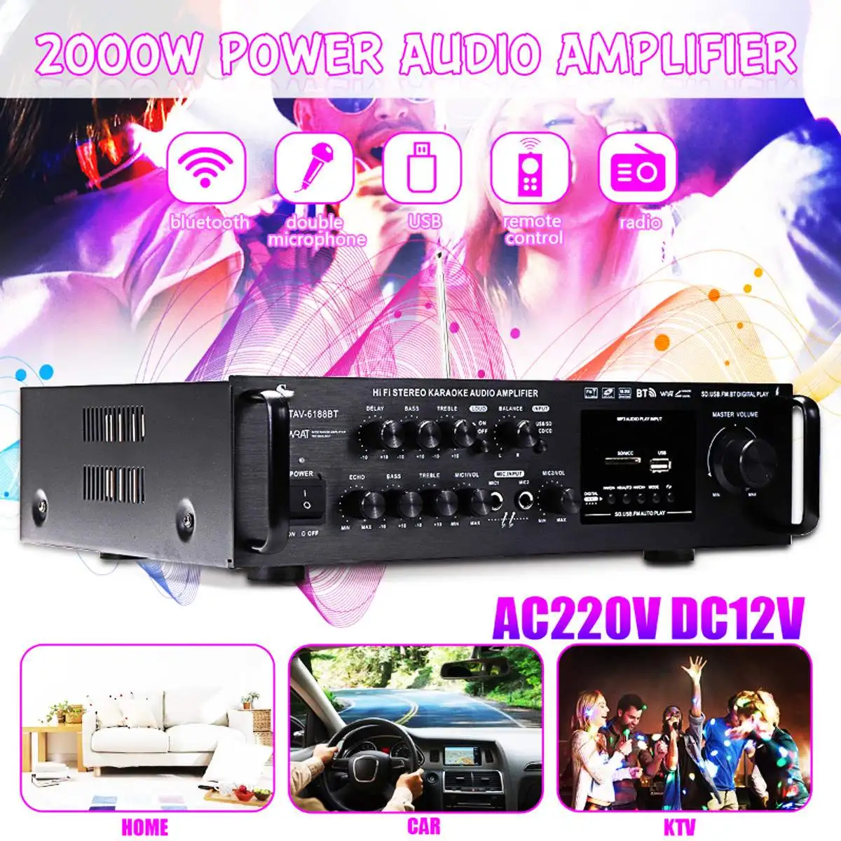 

2 Channel Home Stereo Power Amplifier Equalizer Audio Karaoke Car Hi-Fi FM Amplifier US Plug With Remote Control 220V 20Hz-40KHz