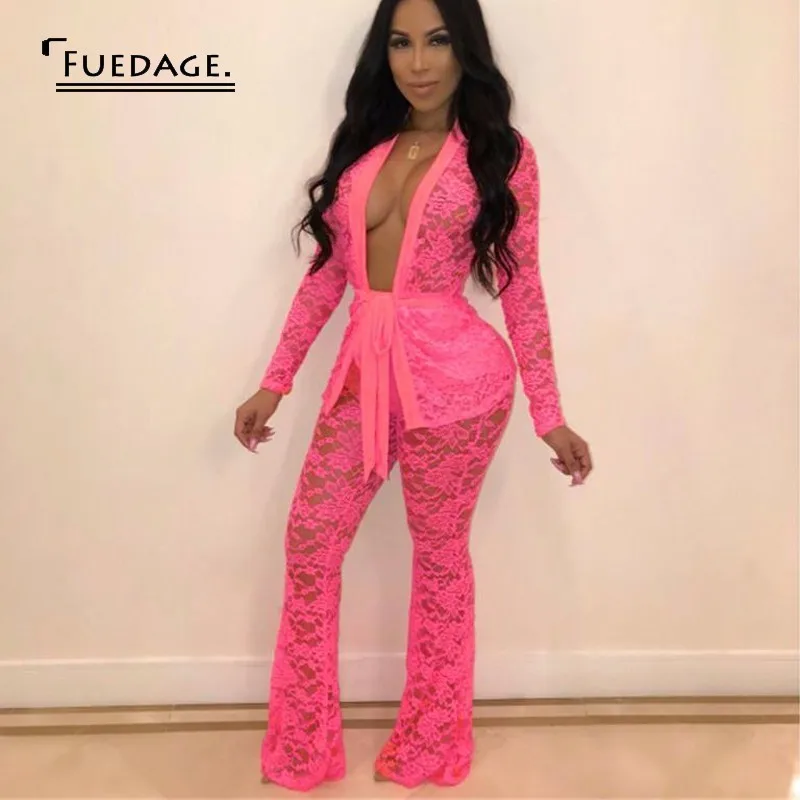 

Fuedage Sexy Lace Two Piece Set V Neck Hollow Out Top And Pants Women Set Mesh Party 2 Piece Set Women Overalls Femme 2019