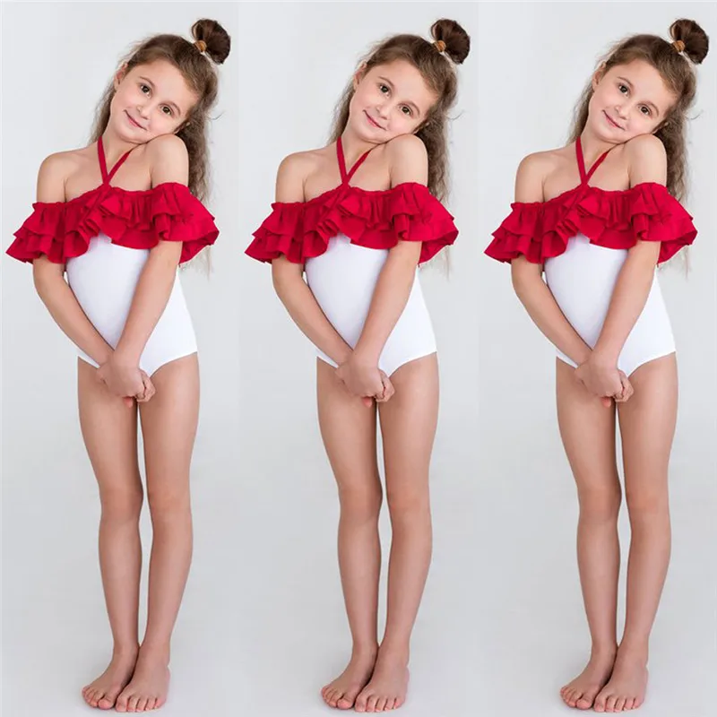 

Fairy Baby Girls Swimwear Ruffles Off Shoulder Suspender Bodysuits Swimming Jumpsuit Bow Headband 2PCS Summer Swimsuit