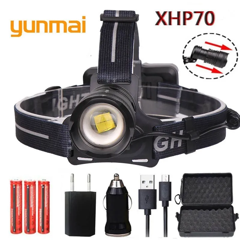 Yunmai cree XHP70 Мощный светодиодный налобный фонарь Q5 чип Встроенный перезаряжаемый