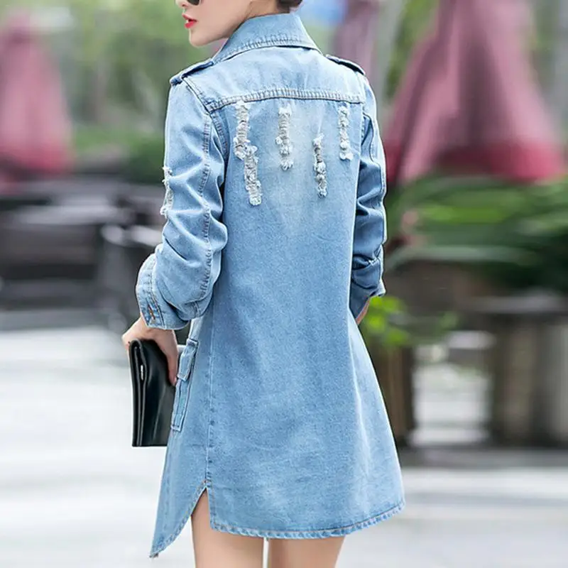 Spring Denim Long Jacket Coat Blue Slim Fit Wild Jean Jacket Fashionable Streetwear Female Coat Jean Long Sleeve Pockets Jackets