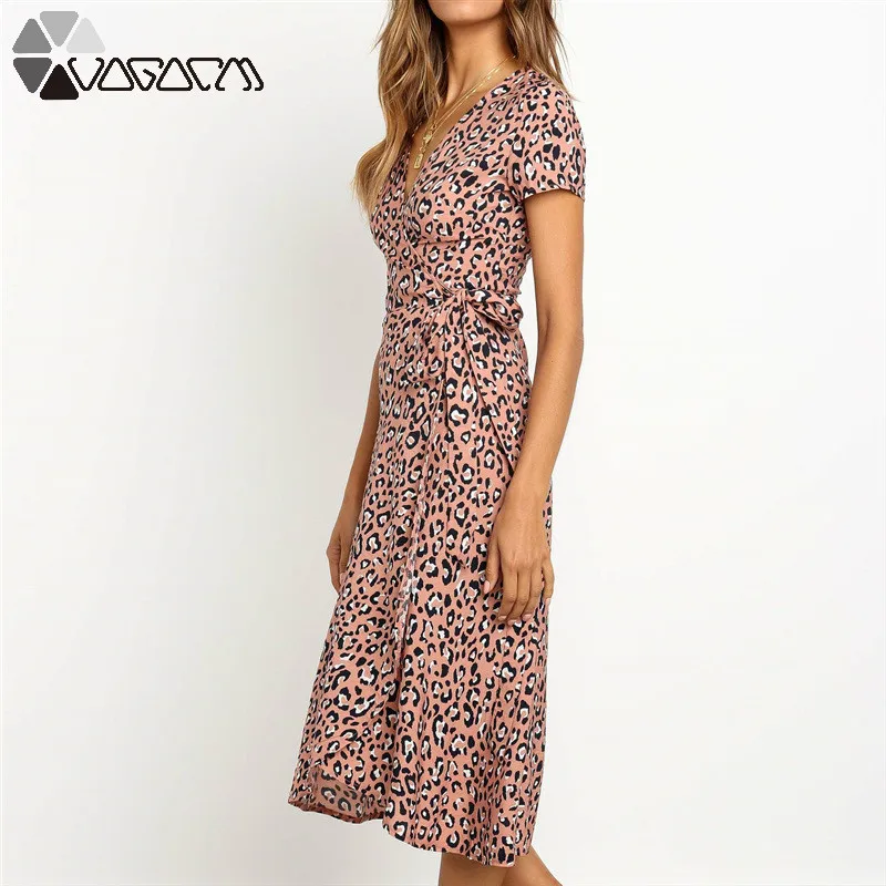 

2019 Leopard Dress Women Sexy V-neck Bodycon Dresses Elegant Long Chiffon Dress Short Sleeve Vintage Vestidos Summer Dresses New