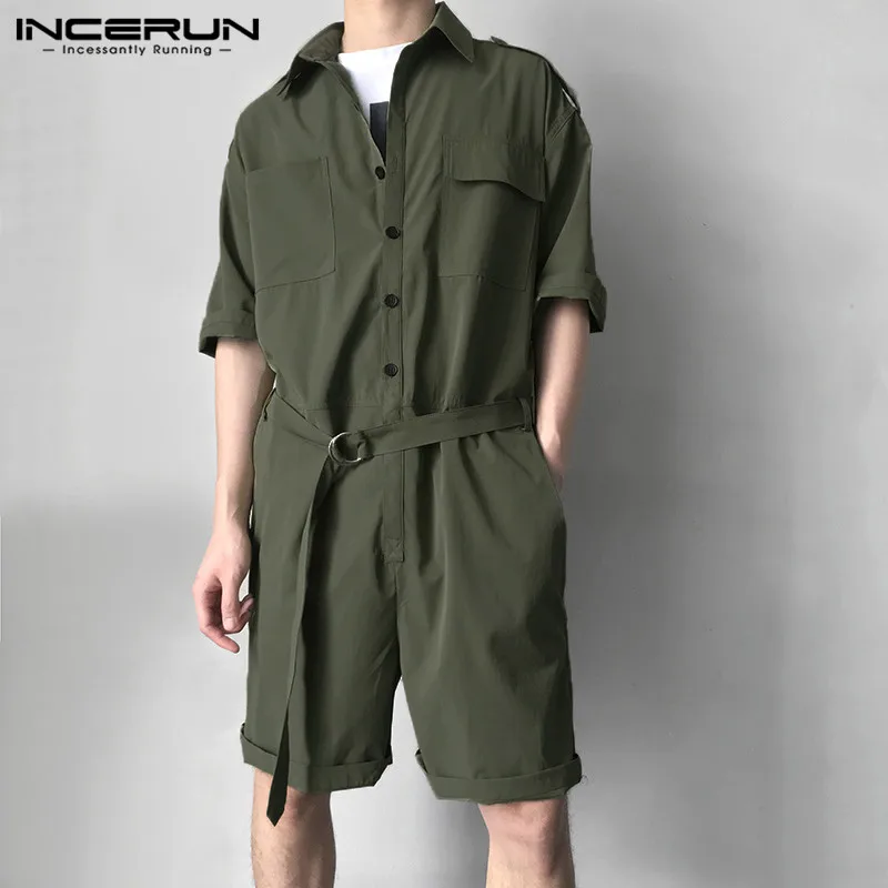 INCERUN 2020 Fashion Men Romper Jumpsuit With Belt Half Sleeve Streetwear Casual Playsuit Pants Men Cargo Overalls Harajuku 5XL INCERUN 2020 Fashion Men Romper Jumpsuit With Belt Half Sleeve Streetwear Casual Playsuit Pants Men Cargo Overalls Harajuku 5XL
