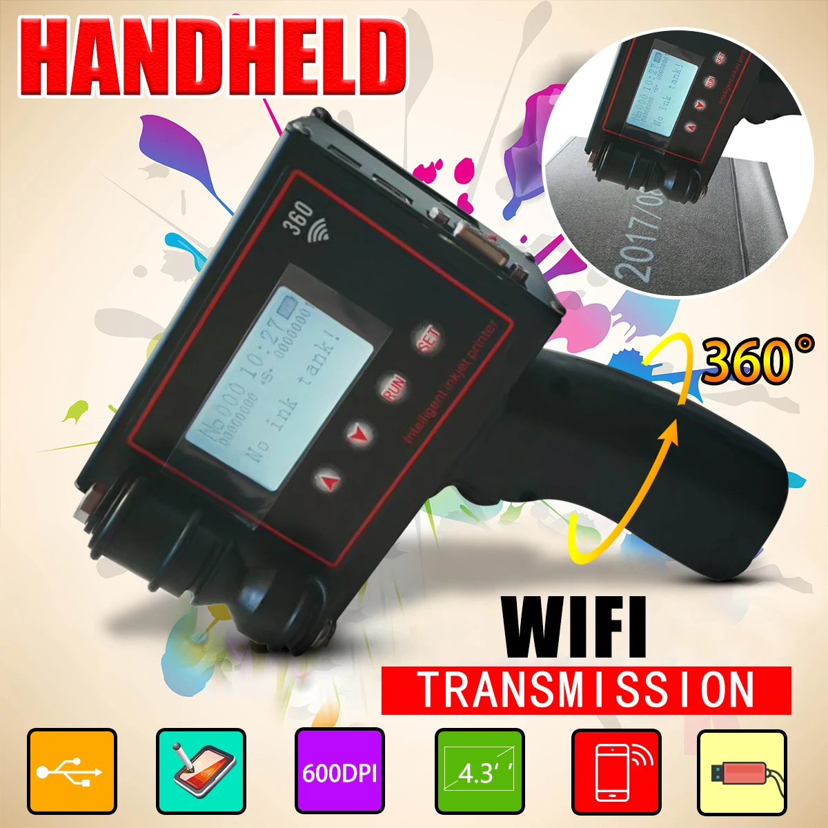 

4.3 inches Handheld Intelligent Inkjet Printer Touch Screen 360T Ink Date Coder Coding machine + Quick-drying ink cartridge