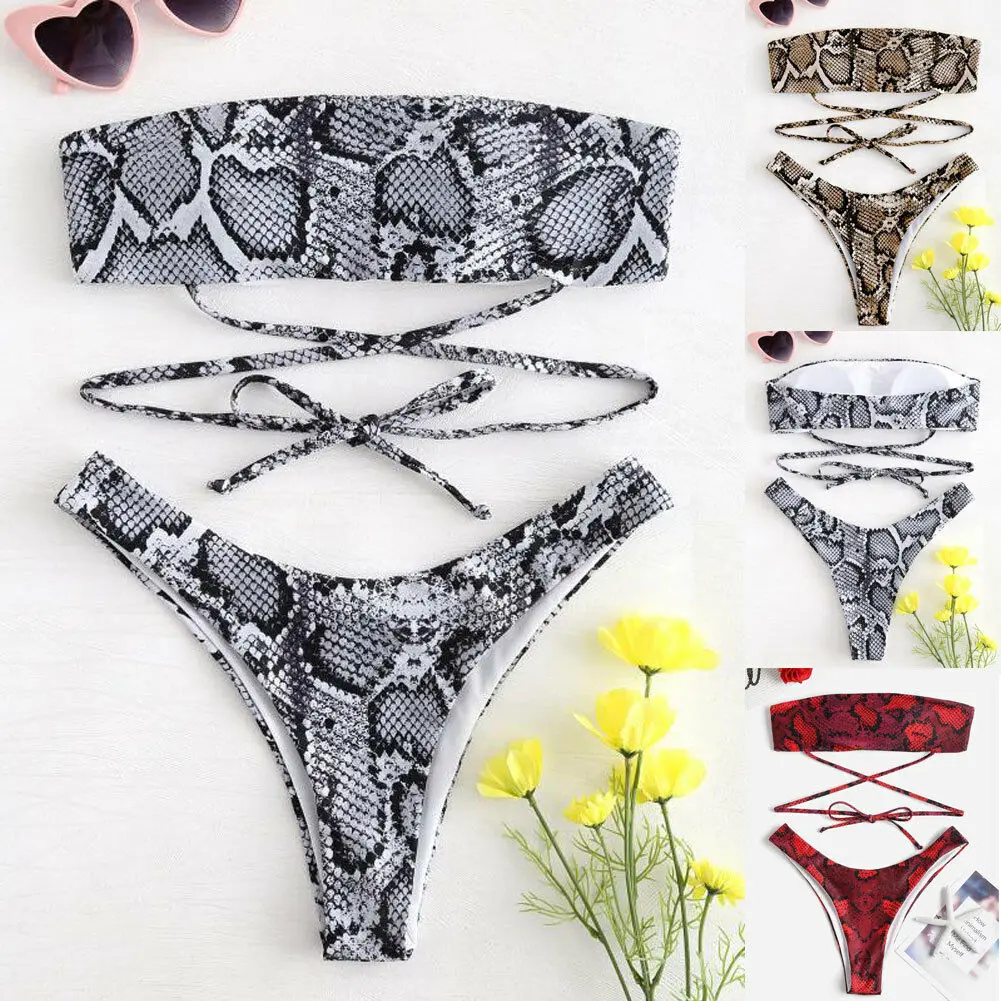 

Thefound 2019 Fashion Snakeskin High Cut Sexy Thong Bra Padded Swimsuit