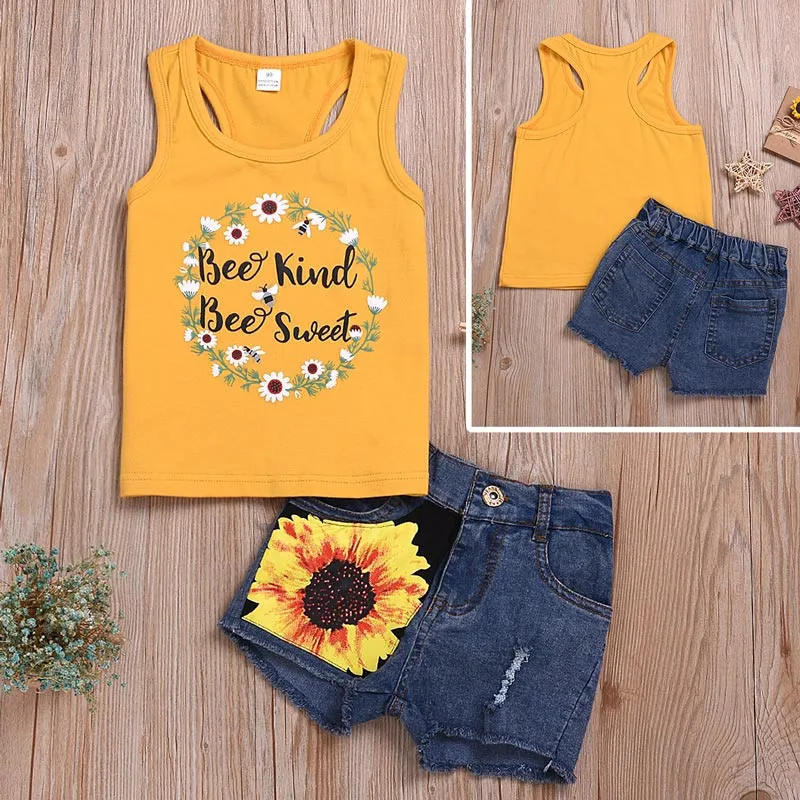 Fashion Toddler Kids Girl Summer Clothes Sleeveless Floral Vest Tops+Sunflower Ripped Denim Shorts Jean 2PCS Outfit Set