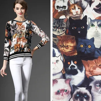

Simulation silk satin print fabric summer women's new cute cat animal patterns 145cm wide customized sale clothes bedding