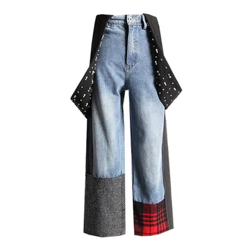 

[EWQ] 2020 Spring Autumn High Waist Denim Patchwork Pockets Pleated Ankle-length Pants Casual Overalls Women Fashion Tide AD011