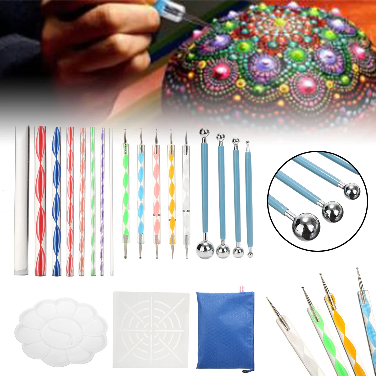

19pcs Mandala Painting Dotting Tools with Dotting Rods Ball Stylus Pen Stencil Paint Tray Brushes for Canva Rock Wall Art