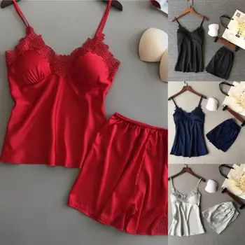 

2pcs Women Sexy Satin Lace Sleepwear Solid Lace Soft Spaghetti Strap Babydoll Lingerie Nightdress Pajamas Set