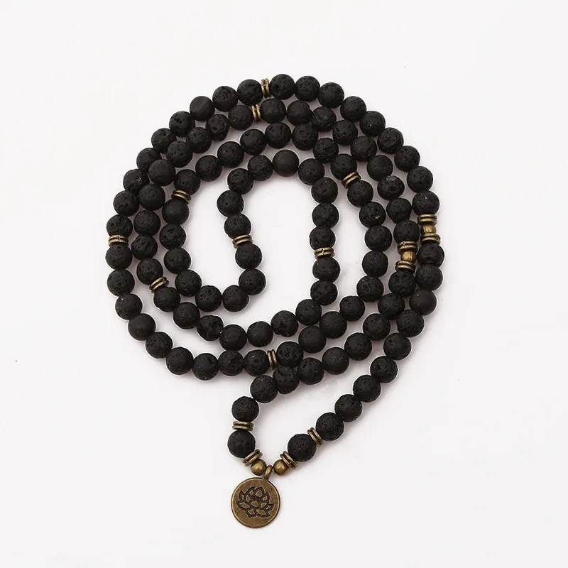 Buddha Lotus Mala Bracelet 108 Beads 8 mm Lava Rock Stone Strand Charm for Women Men