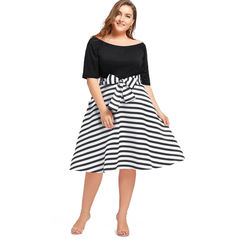 

Plus Size Women Summer Dress Stripe Print Bow Knot Half Sleeve Off The Shoulder A-Line Dresses Casual Party Dress Sexy Sundress