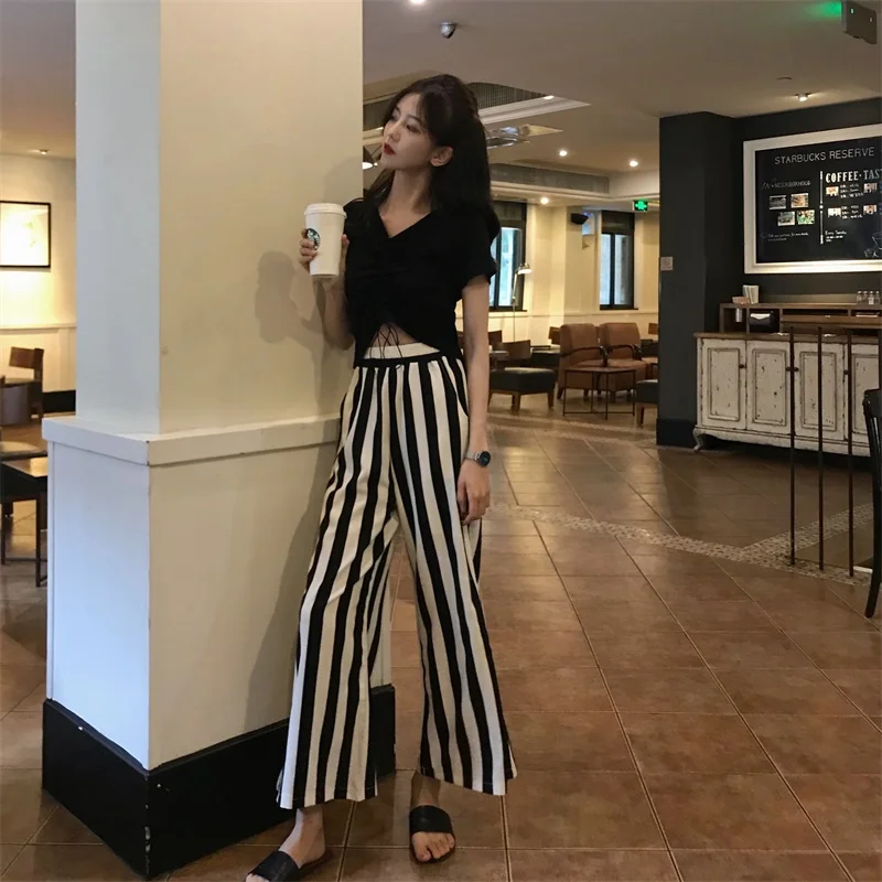 

han edition show thin fashionable stripe wide-legged pants Draw string bind navel coat T-shirt