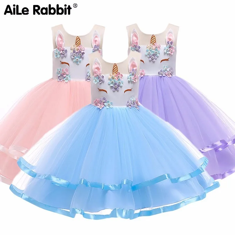AiLe Rabbit 2019Unicorn Party Girls Dress Princess Children Kids Unicornio Girl Dresses Anniversaire Licorne Birthday | Детская одежда