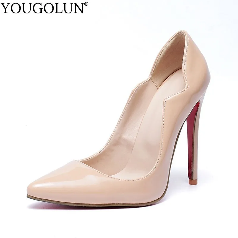 

YOUGOLUN Plus Size Patent PU High Thin Heels Women Red Black Apricot Lady Party Shoes Woman Red Bottom Pointed Toe Pumps B291