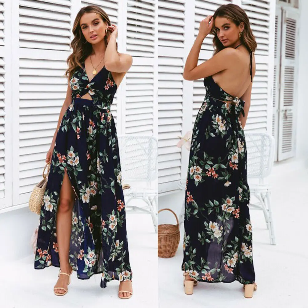Женское длинное платье без рукавов с цветочным принтом Boho, Вечернее Летнее пляжное платье без рукавов, 2019 Женское длинное платье без рукавов с цветочным принтом Boho, Вечернее Летнее пляжное платье без рукавов, 2019