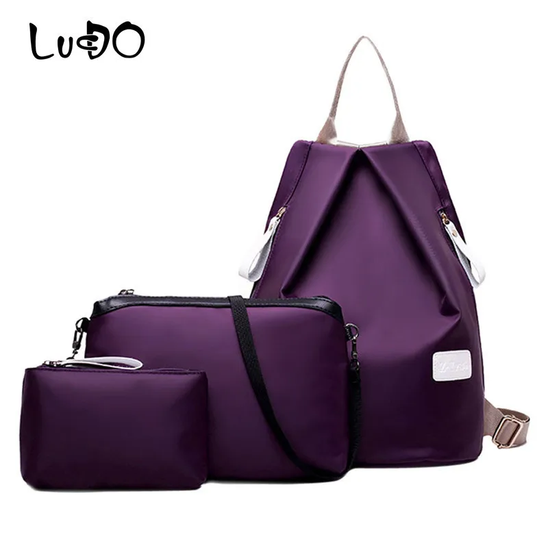 

LUCDO 3 Sets Oxford Women Rucksack Bag Anti-theft handbag Female Nylon Shoulder Messenger Bag Fashion School Bag Clutch Purse