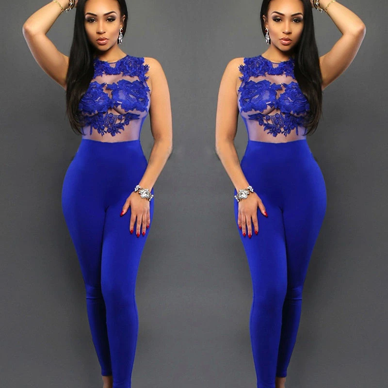 

See Though Back 2019 Spring Summer Style Elegant Hollow Out Women Playsuits Lace Sleeveless Sexy Party Jumpsuits Long Rompers