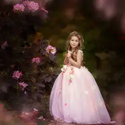 Недорогие Вечерние Платья с цветочным узором для девочек, с круглым вырезом, без рукавов, бальное платье с цветами ручной работы, розовое