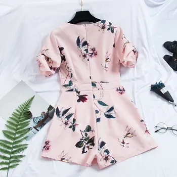 

2019 Casual Puff Sleeve Floral Print Wrap Rompers Sexy Women Summer V-Neck Party Wide Leg Jumpsuit Elegant Office Lady Playsuits