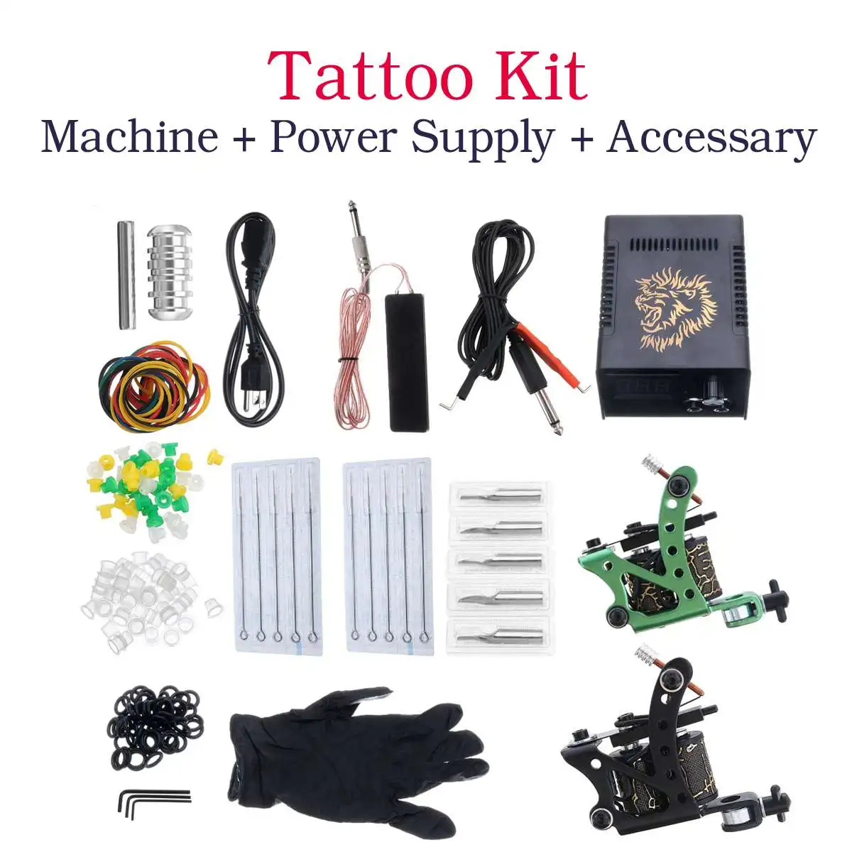

Complete Tattoo Machine Kit Set 2 Coils Guns 2 Colors Black Pigment Sets Power Tattoo Beginner Grips Kits Permanent Makeup