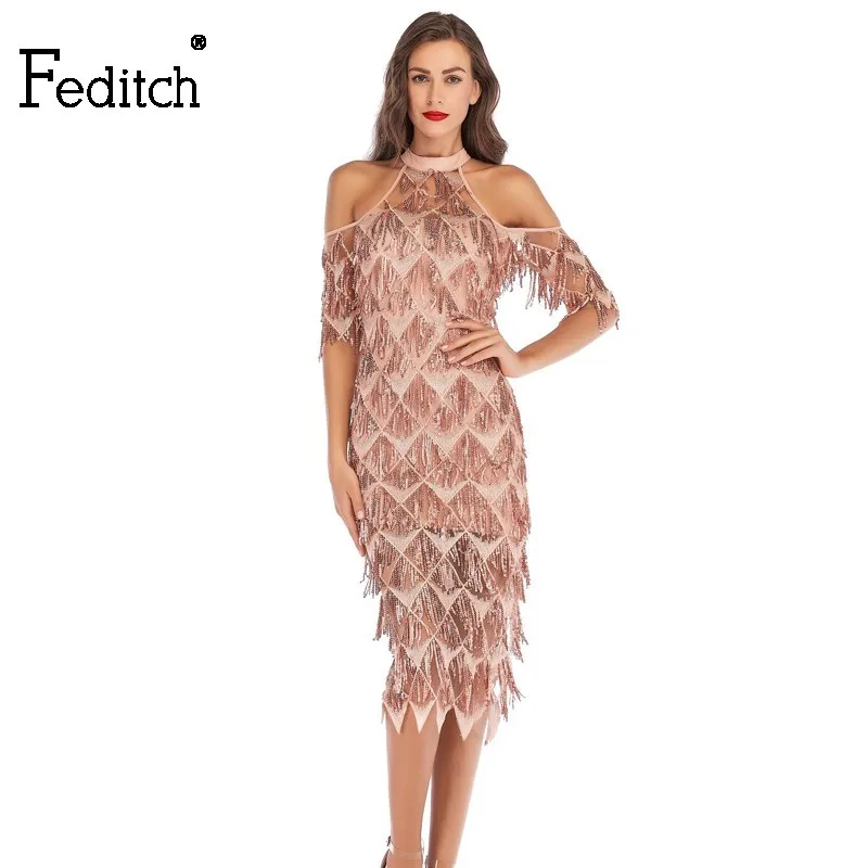

Feditch Sequin Tassel Women Dresses Spring Short Sleeve Solid Midi Dresses Party Sequins Luxury Club Dress Ladies Vestidos