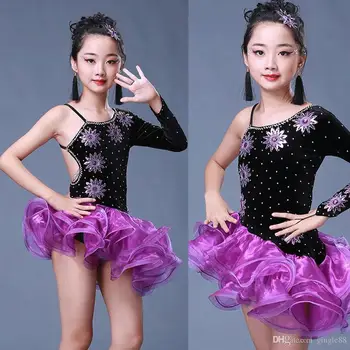 

Strapped Purple Latin Dress Girls Sequined Ballroom Latin Dance Wear Kids Salsa Performance Stage wear dancing costumes clothing